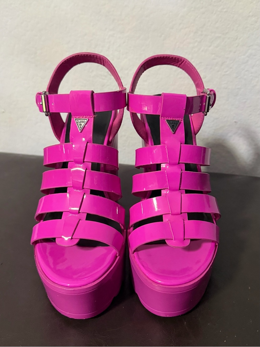 GUESS Patent Hot Pink Strappy Platform Sandals